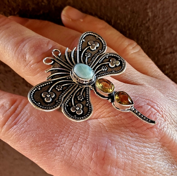 New Multi Gemstone 925 Silver Dragonfly Ring. - Picture 5 of 11